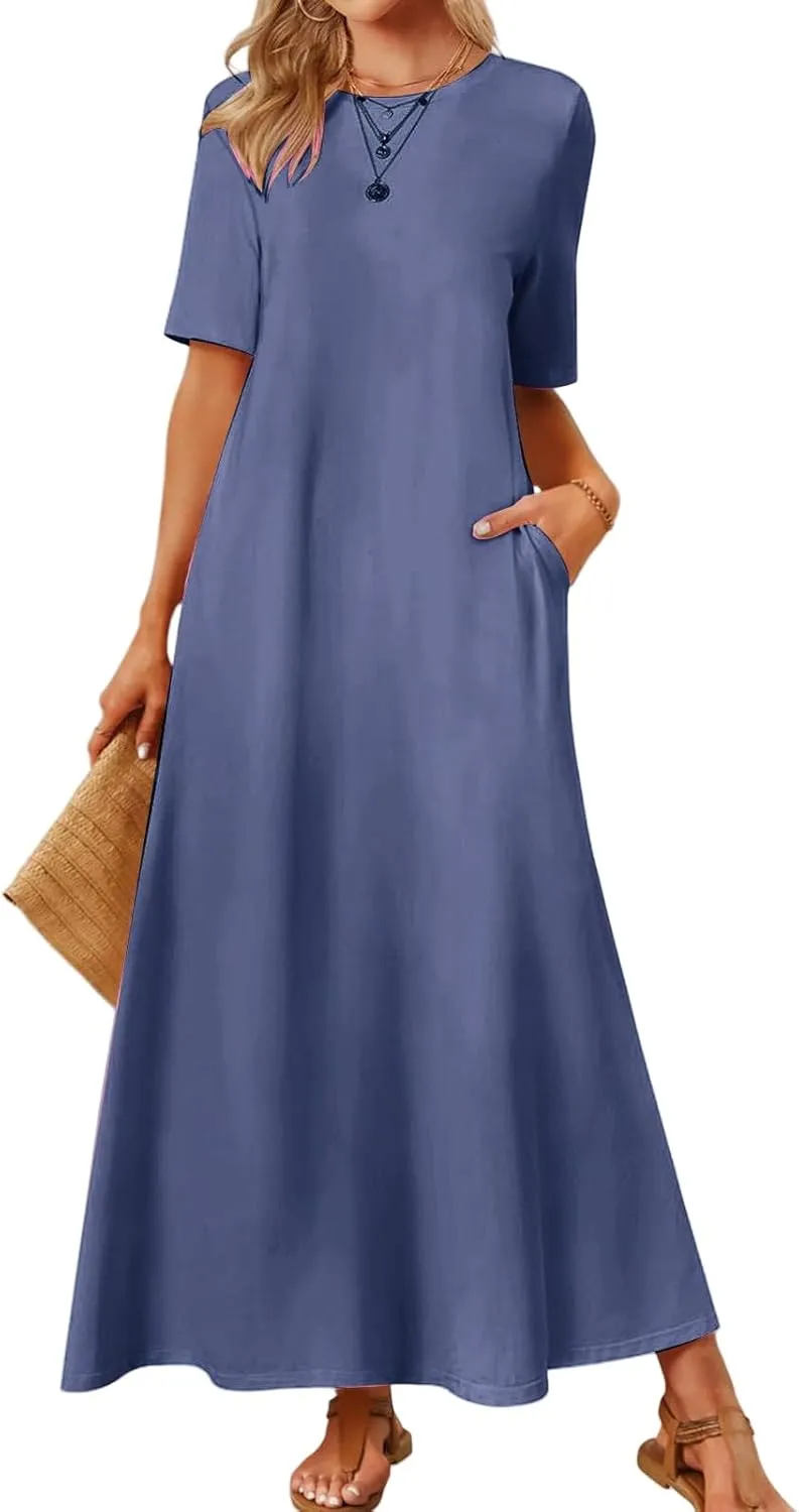 Maxi Dressess for Women Summer Crewneck Short Sleeve Maxi Dress Casual Dressy Flowy Flutter Ruffle Hem Dress 2025