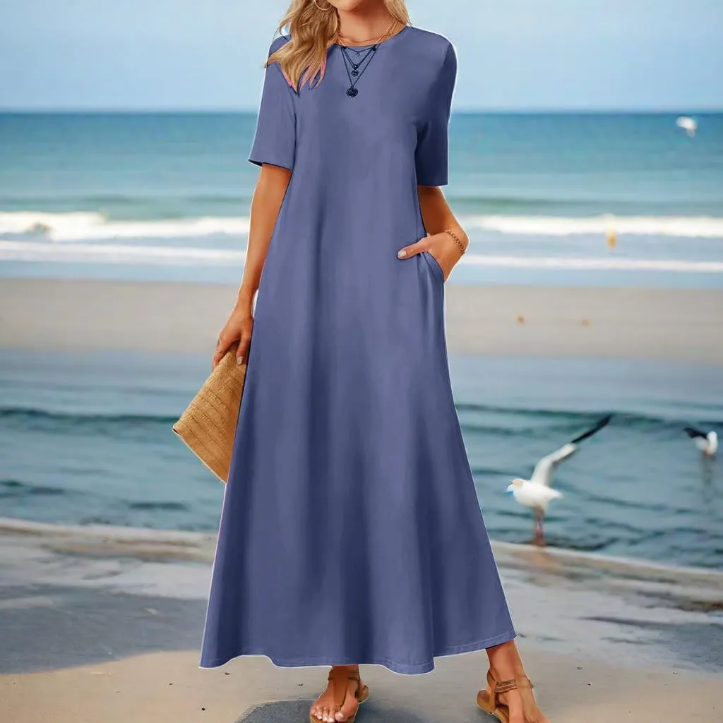 Maxi Dressess for Women Summer Crewneck Short Sleeve Maxi Dress Casual Dressy Flowy Flutter Ruffle Hem Dress 2025