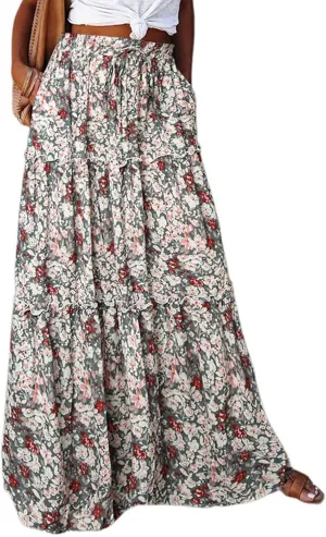 Maxi Skirt for Women 2025 Casual Summer Tiered High Waisted Skirts Pleated Aline Skirt Dressy Long Skirts with Pockets