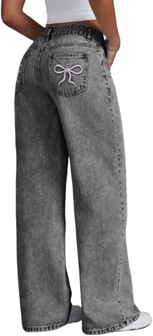 Melliflo Women's Bowknot Embroidered Jeans Zipper Elastic High Waisted Y2k Denim Pants Basic Wide Leg Jeans