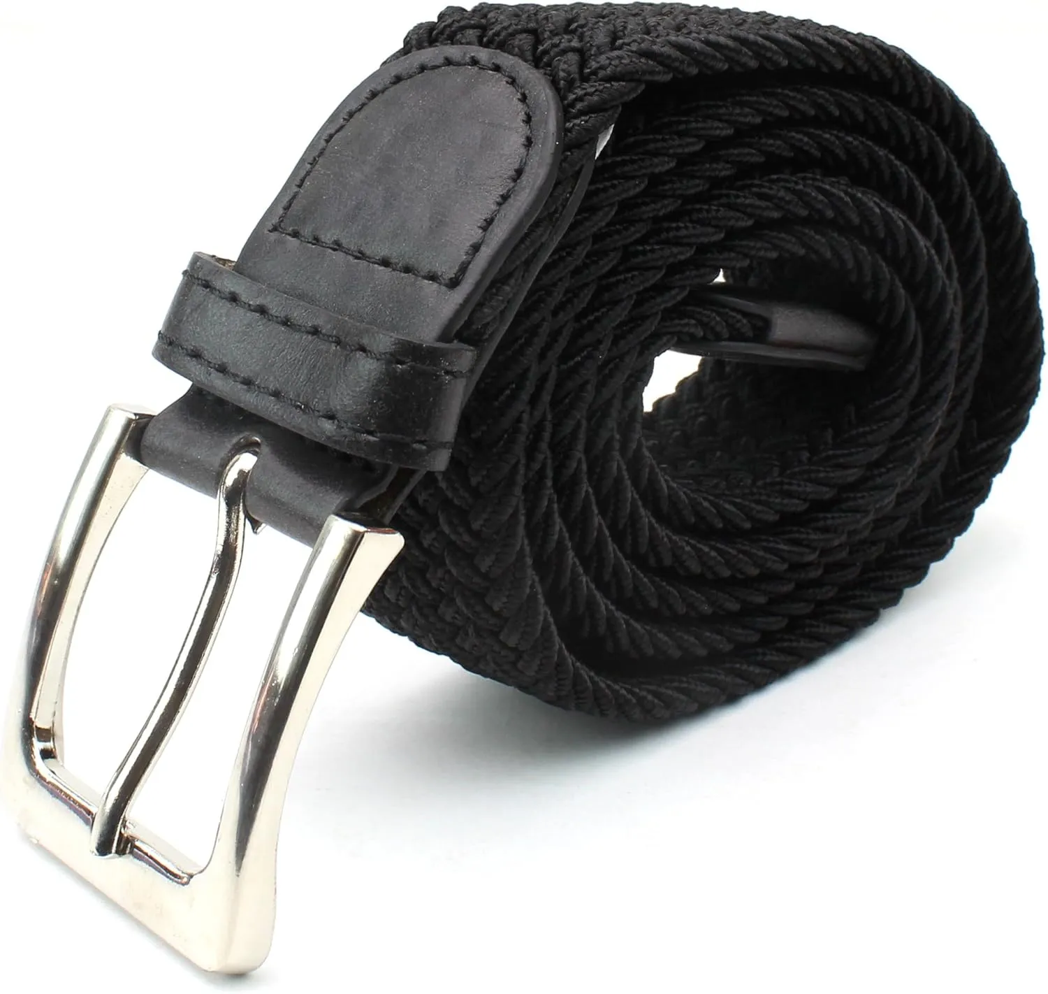 Mens Braided Elastic Stretch Belt Leather Tipped End and Silver Metal Buckle