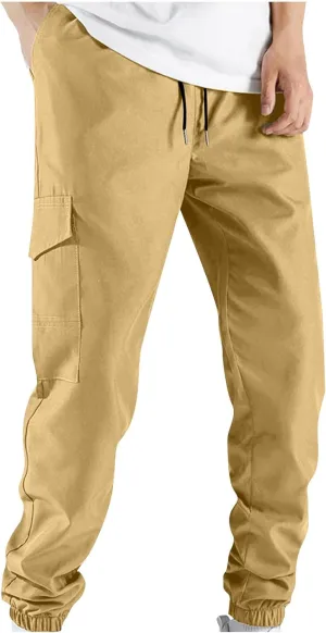 Mens Casual Joggers Pants Classic Elastic Waist Drawstring Cargo Pants Trendy Solid Tapered Sweatpants with Pockets