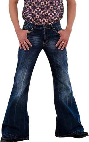 Men's Classic Disco Retro Flared Denim Pants Vintage Relaxed Bell Bottom Jeans 60s 70s Stretch Jean Trousers