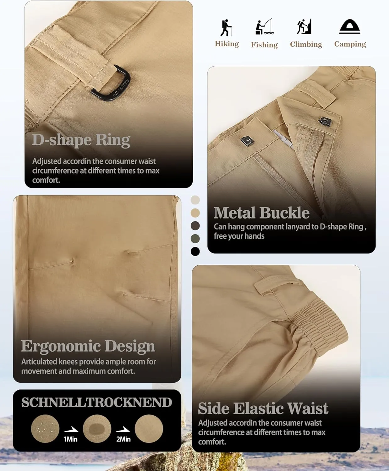 Men's Convertible Hiking Pants Lightweight Quick Dry Zip Off Light Stretch Pants Fishing Camping Outdoor Travel