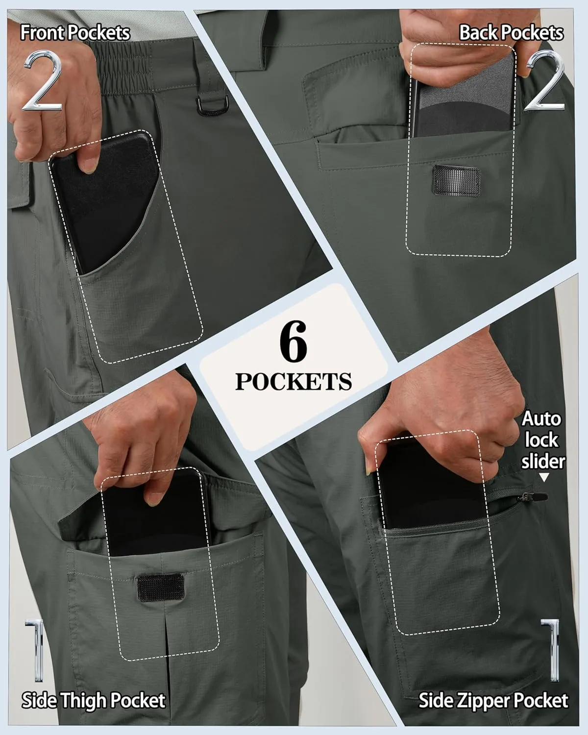 Men's Convertible Hiking Pants Lightweight Quick Dry Zip Off Light Stretch Pants Fishing Camping Outdoor Travel