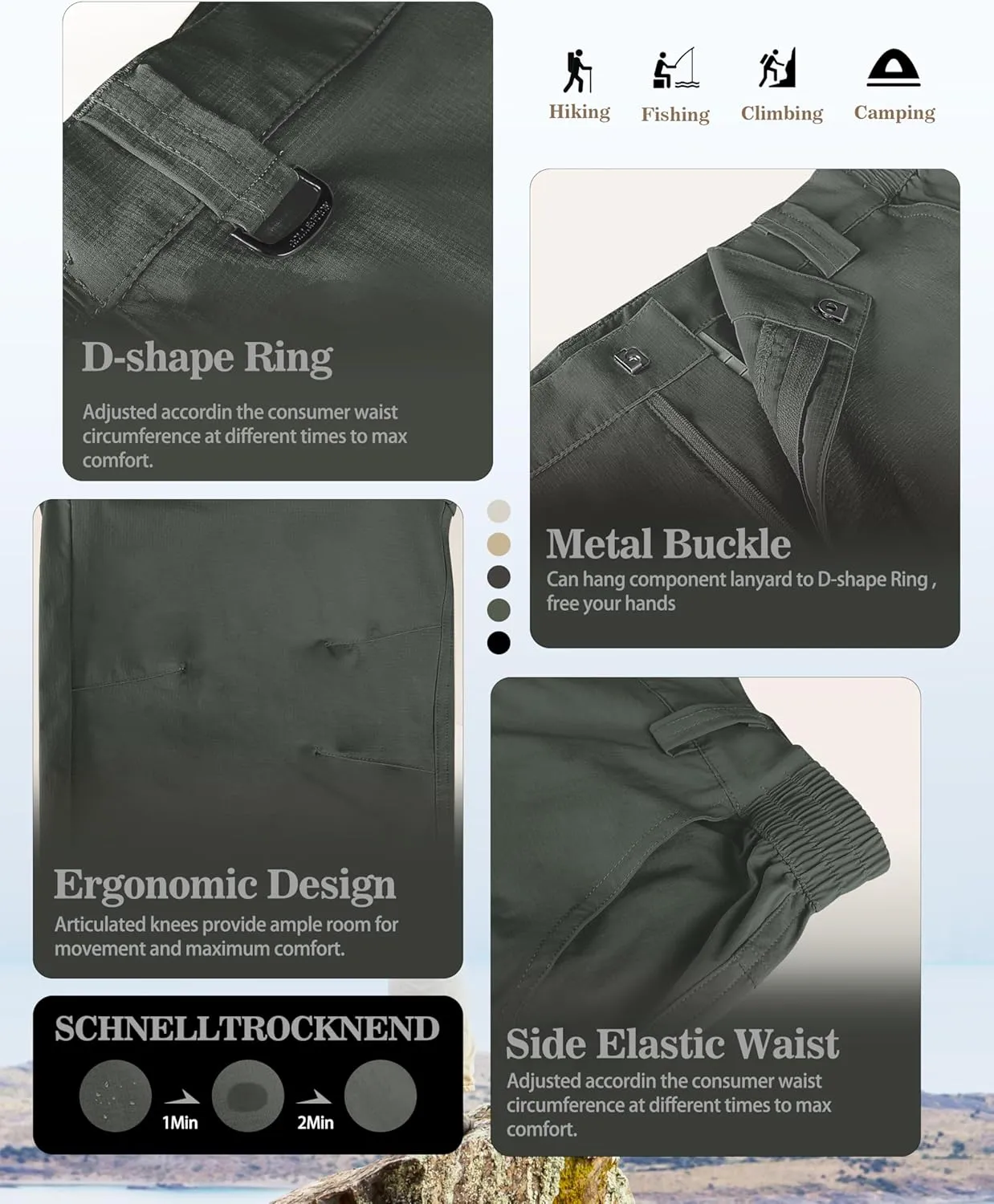 Men's Convertible Hiking Pants Lightweight Quick Dry Zip Off Light Stretch Pants Fishing Camping Outdoor Travel