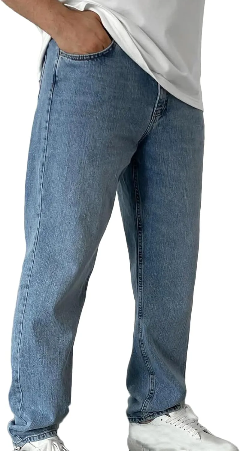 Men's High Waist Loose Jeans Stretch Baggy Straight Leg Denim Utility Work Pants Relaxed Fit Slacks Wide Leg Trousers