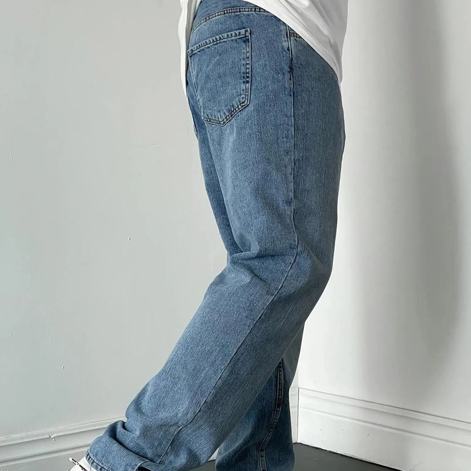 Men's High Waist Loose Jeans Stretch Baggy Straight Leg Denim Utility Work Pants Relaxed Fit Slacks Wide Leg Trousers
