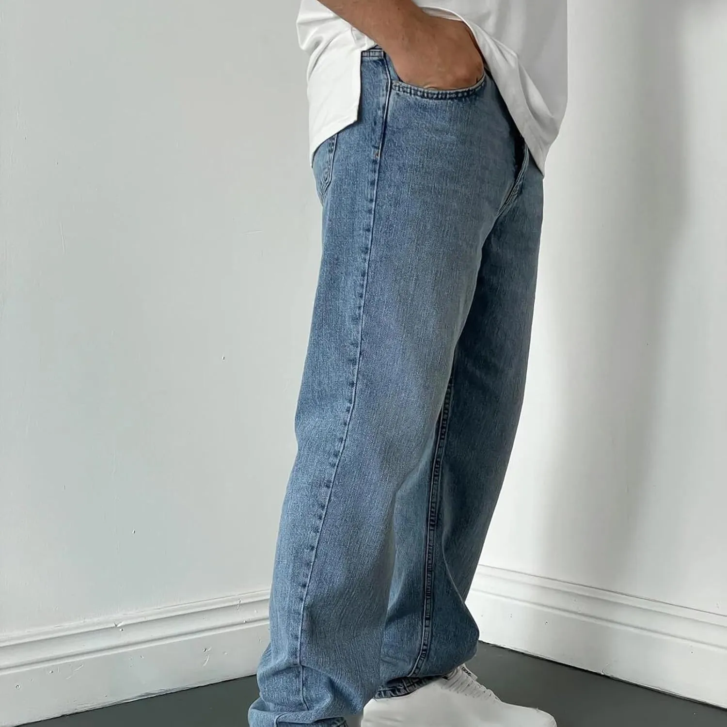 Men's High Waist Loose Jeans Stretch Baggy Straight Leg Denim Utility Work Pants Relaxed Fit Slacks Wide Leg Trousers