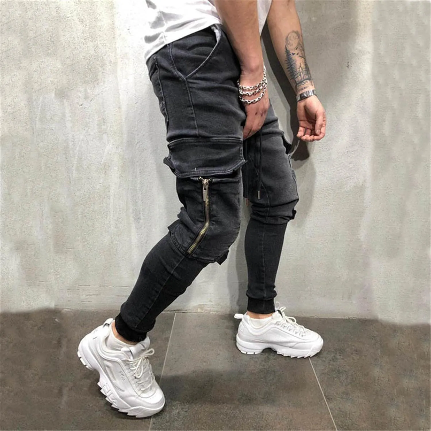 Men's Jeans Hip Hop Wash Casual Skinny Pocket Sports Jeans Drawstring Elasticated Waist Denim Pants with Pockets