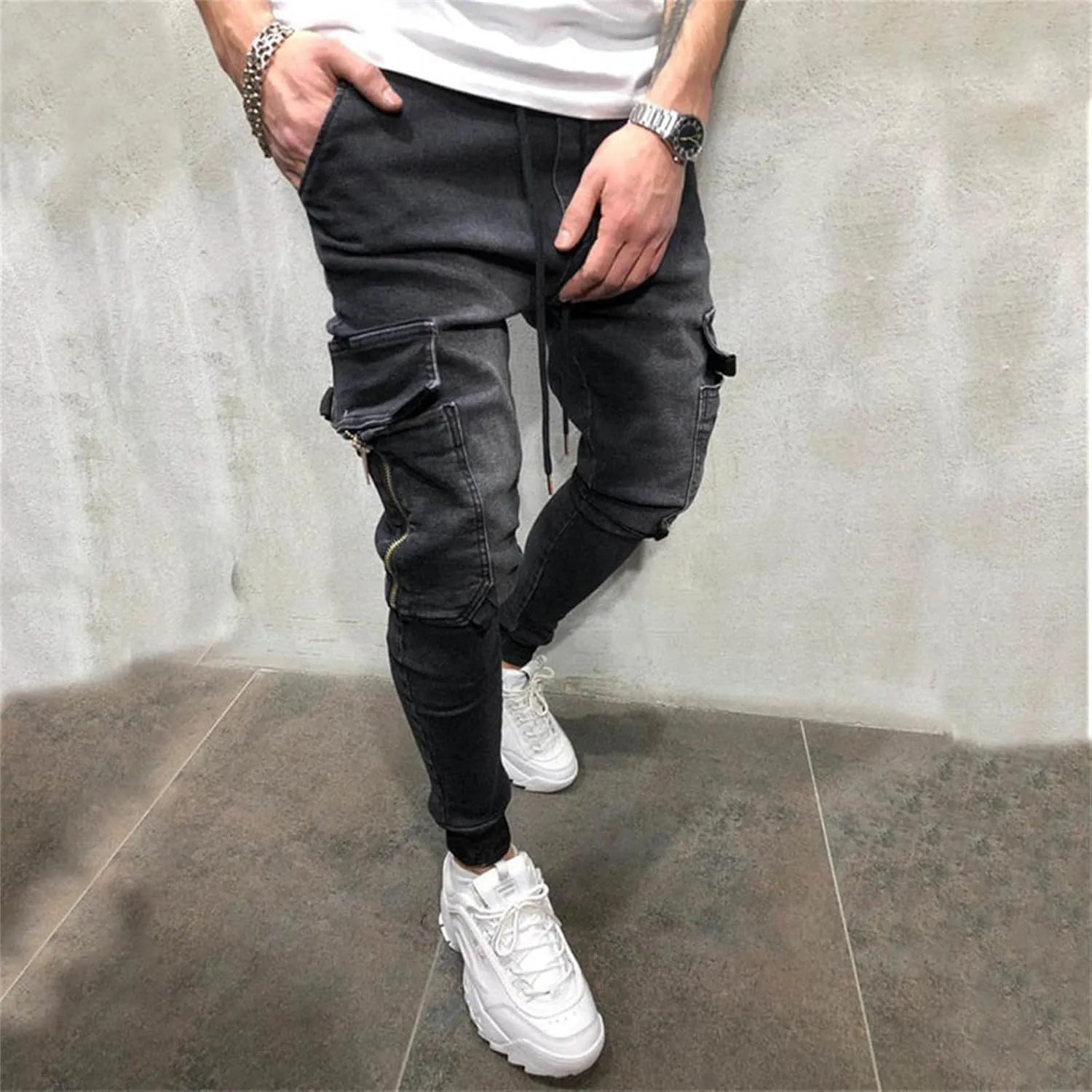 Men's Jeans Hip Hop Wash Casual Skinny Pocket Sports Jeans Drawstring Elasticated Waist Denim Pants with Pockets