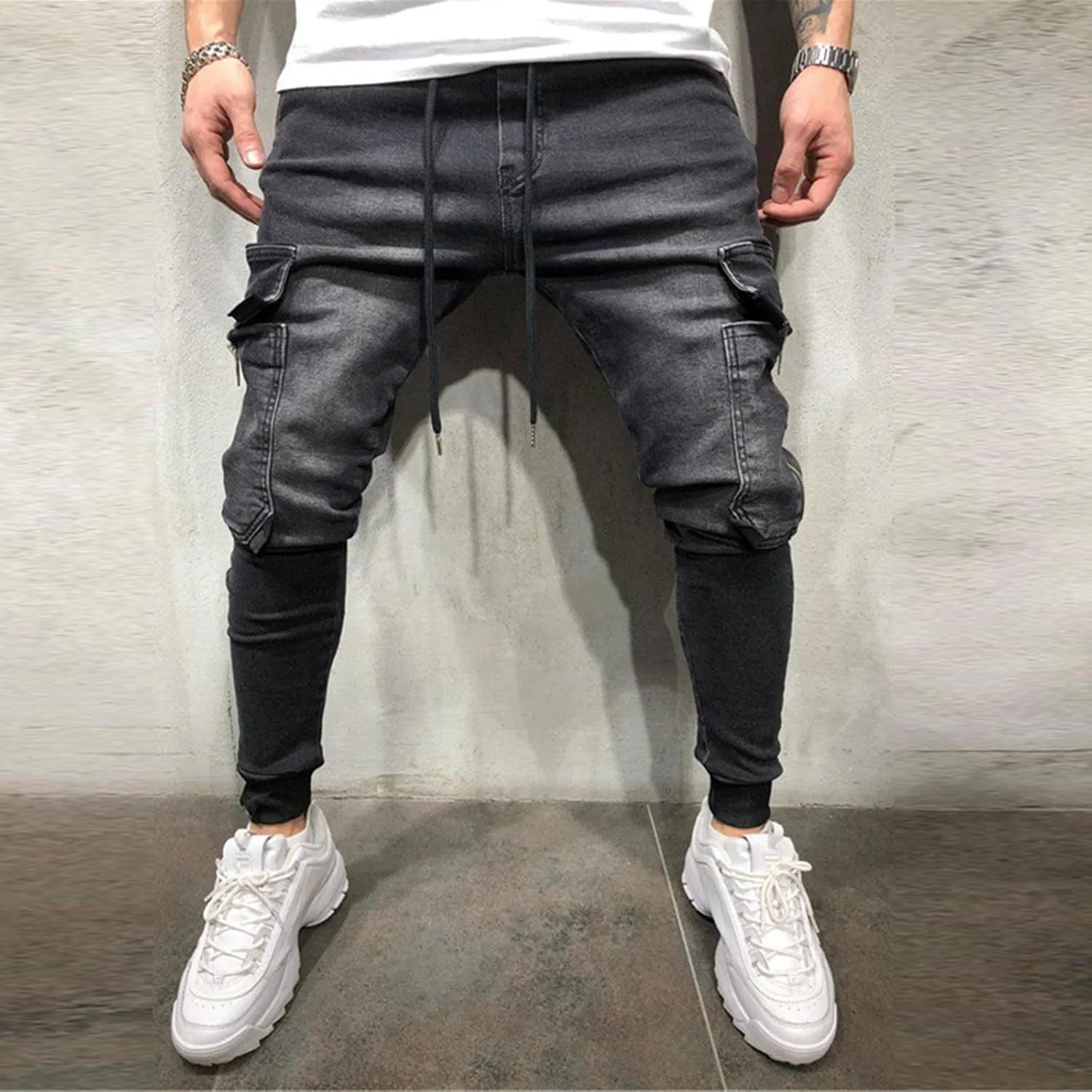 Men's Jeans Hip Hop Wash Casual Skinny Pocket Sports Jeans Drawstring Elasticated Waist Denim Pants with Pockets