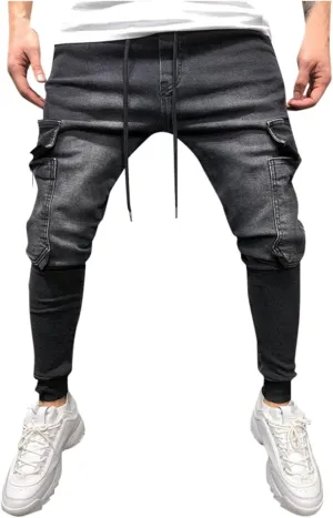 Men's Jeans Hip Hop Wash Casual Skinny Pocket Sports Jeans Drawstring Elasticated Waist Denim Pants with Pockets