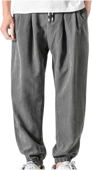 Mens Linen Tapered Pants Drawstring Elastic Waist Lightweight Casual Summer Beach Pants Classic Plain Trousers