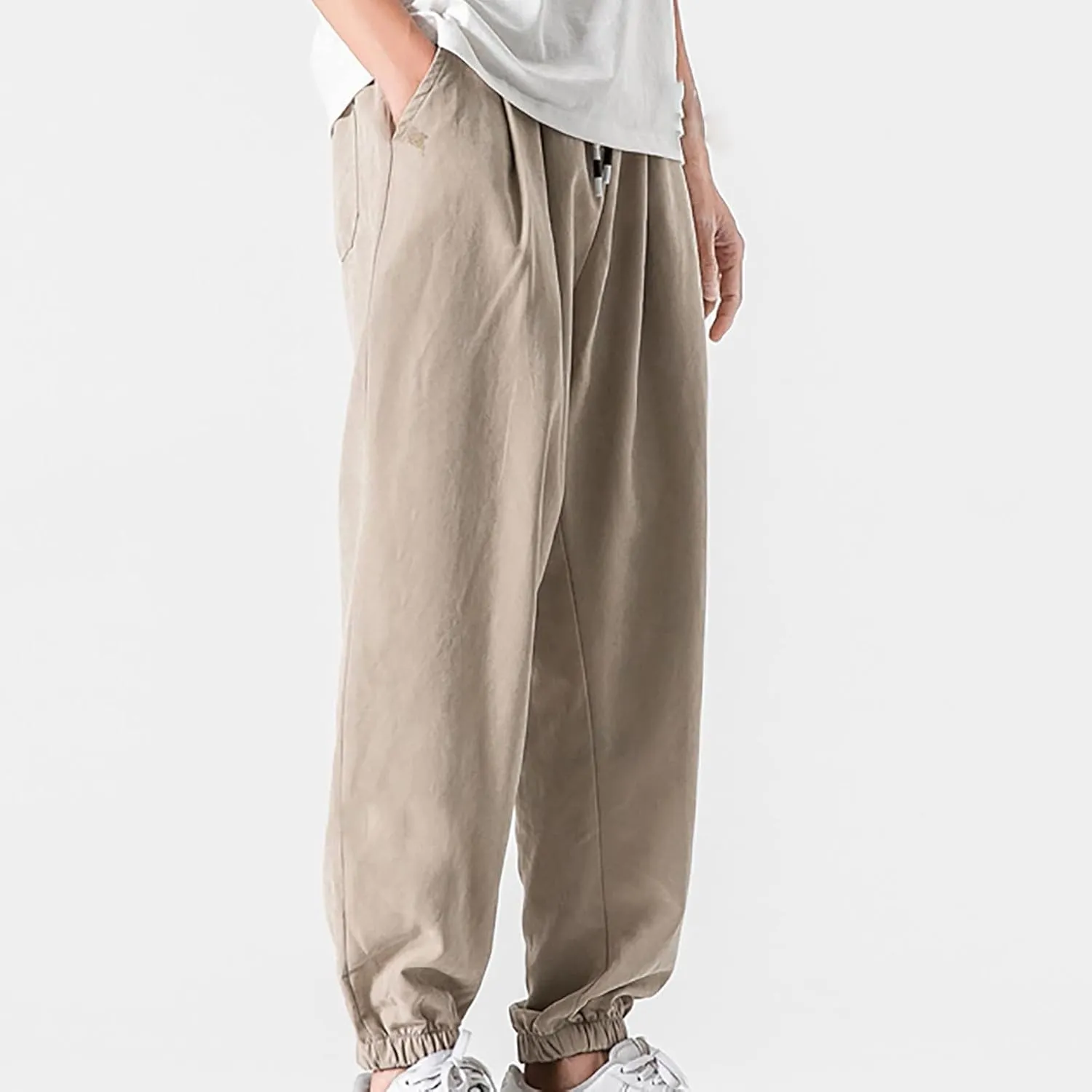 Mens Linen Tapered Pants Drawstring Elastic Waist Lightweight Casual Summer Beach Pants Classic Plain Trousers