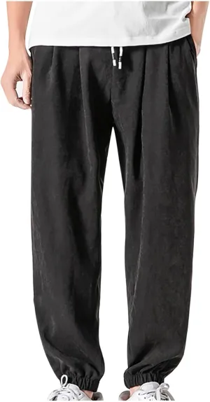 Mens Linen Tapered Pants Drawstring Elastic Waist Lightweight Casual Summer Beach Pants Classic Plain Trousers