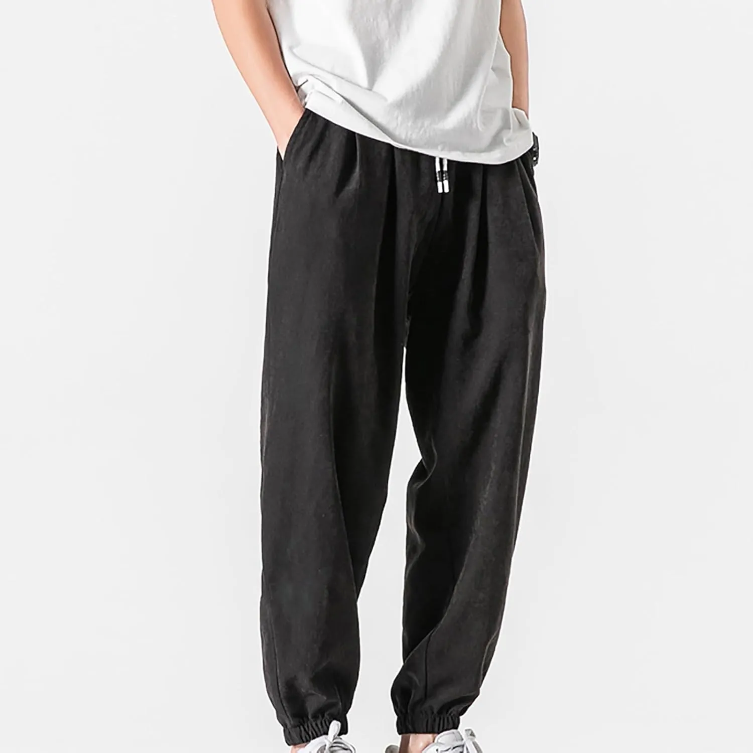 Mens Linen Tapered Pants Drawstring Elastic Waist Lightweight Casual Summer Beach Pants Classic Plain Trousers