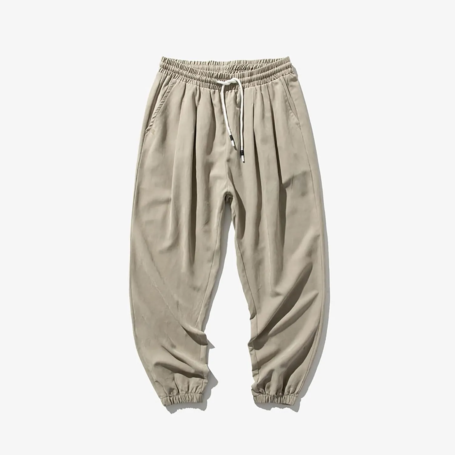 Mens Linen Tapered Pants Drawstring Elastic Waist Lightweight Casual Summer Beach Pants Classic Plain Trousers