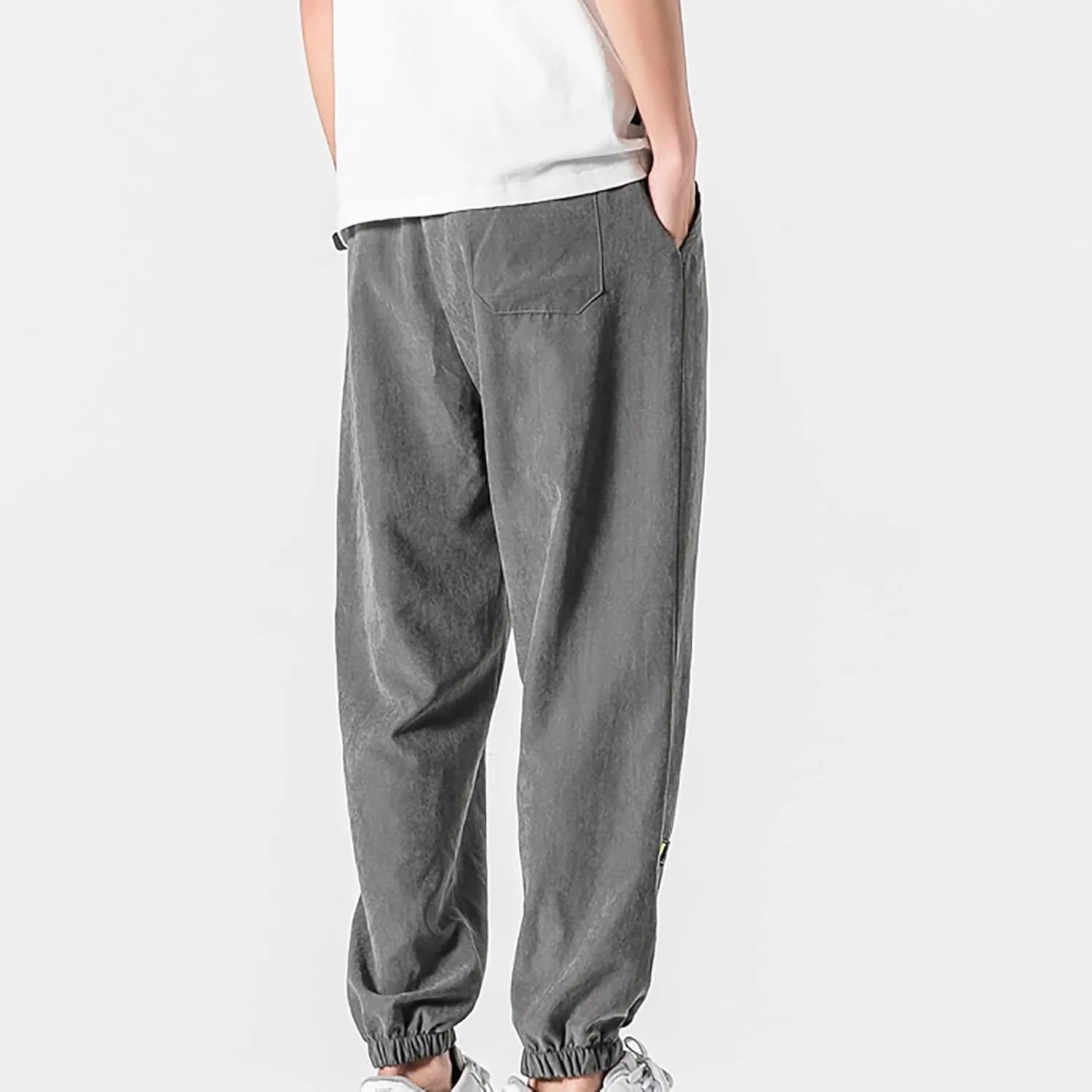 Mens Linen Tapered Pants Drawstring Elastic Waist Lightweight Casual Summer Beach Pants Classic Plain Trousers