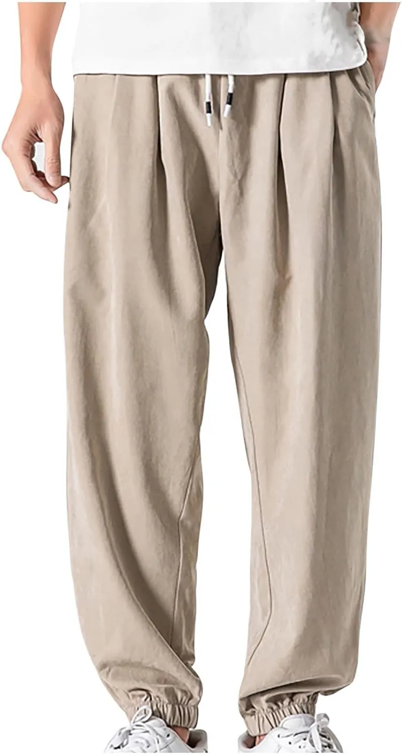Mens Linen Tapered Pants Drawstring Elastic Waist Lightweight Casual Summer Beach Pants Classic Plain Trousers