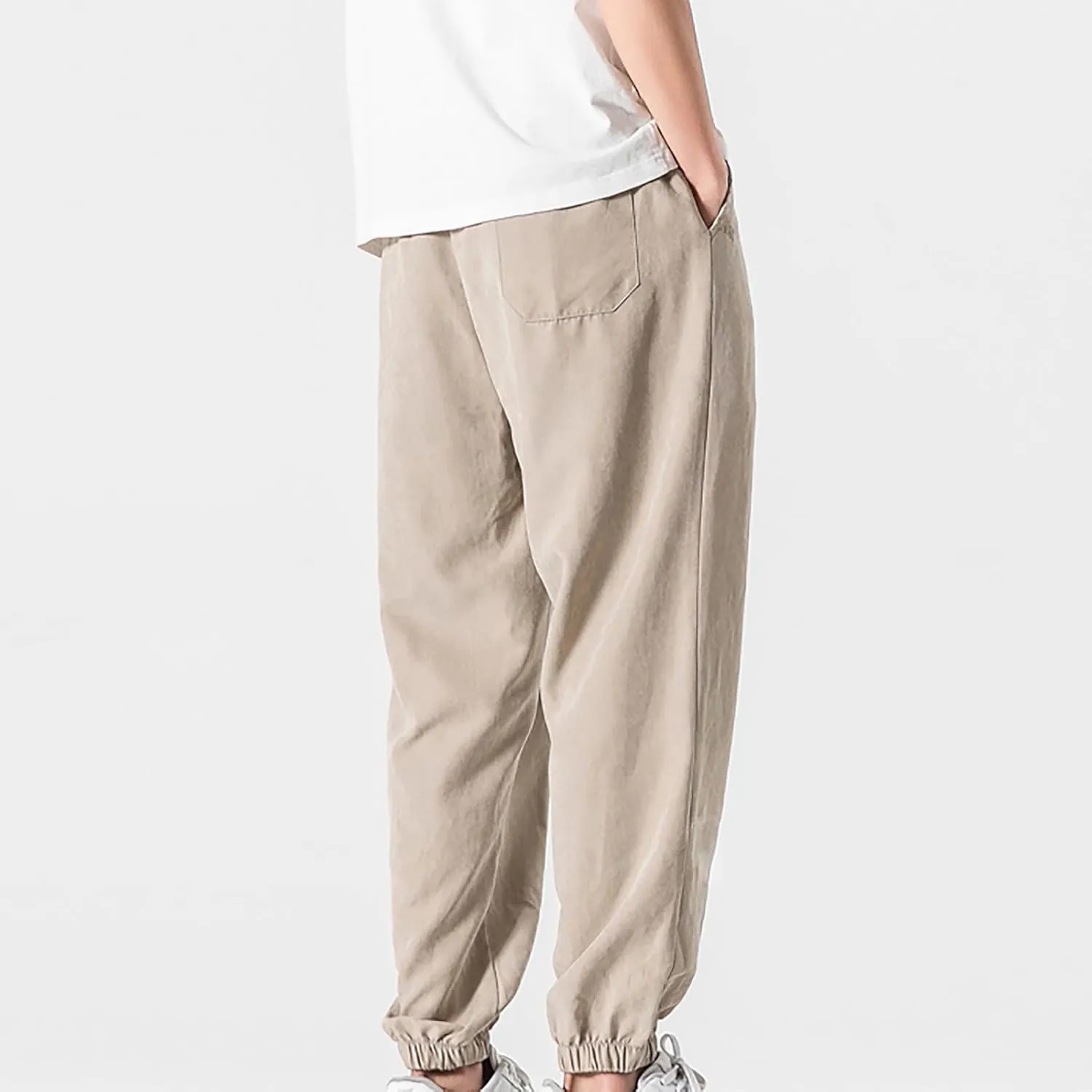 Mens Linen Tapered Pants Drawstring Elastic Waist Lightweight Casual Summer Beach Pants Classic Plain Trousers