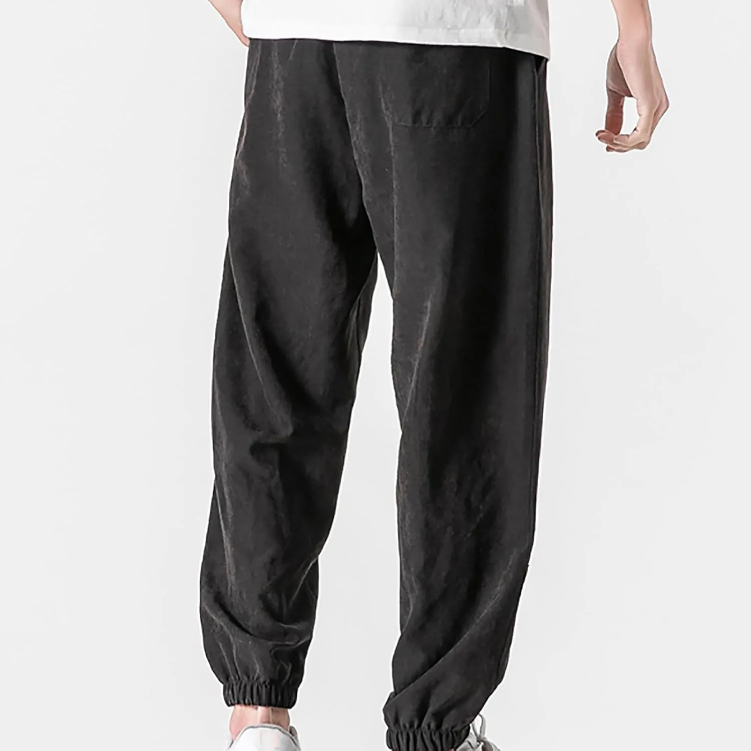 Mens Linen Tapered Pants Drawstring Elastic Waist Lightweight Casual Summer Beach Pants Classic Plain Trousers