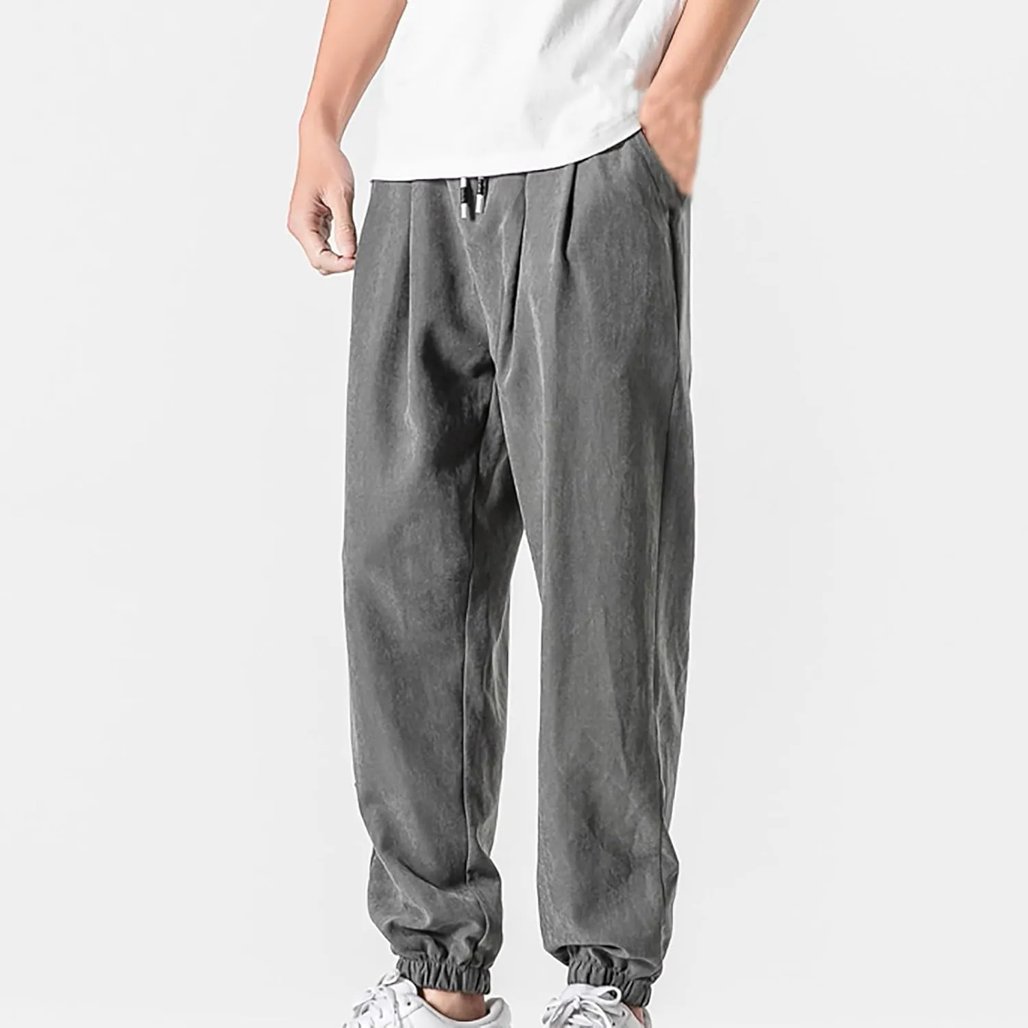 Mens Linen Tapered Pants Drawstring Elastic Waist Lightweight Casual Summer Beach Pants Classic Plain Trousers