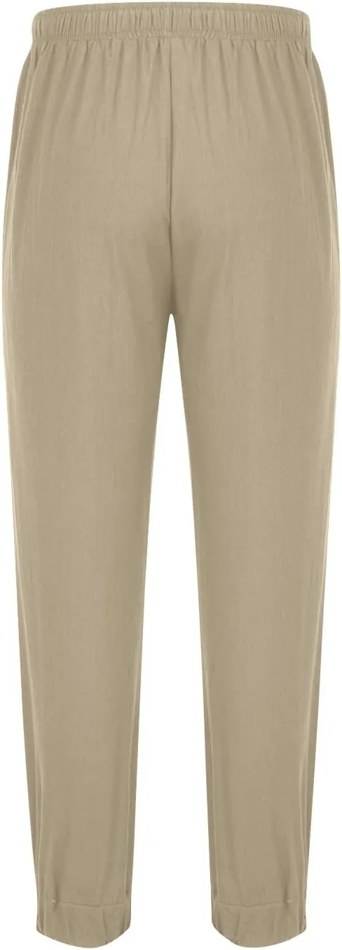 Mens Linen Yoga Pants Classic Elastic Waist Drawstring Summer Pleated Beach Pants Loose Fit Casual Tapered Trousers