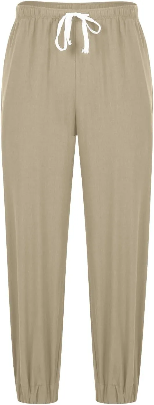 Mens Linen Yoga Pants Classic Elastic Waist Drawstring Summer Pleated Beach Pants Loose Fit Casual Tapered Trousers