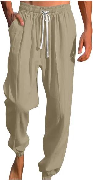 Mens Linen Yoga Pants Classic Elastic Waist Drawstring Summer Pleated Beach Pants Loose Fit Casual Tapered Trousers