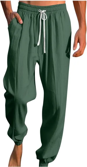 Mens Linen Yoga Pants Classic Elastic Waist Drawstring Summer Pleated Beach Pants Loose Fit Casual Tapered Trousers