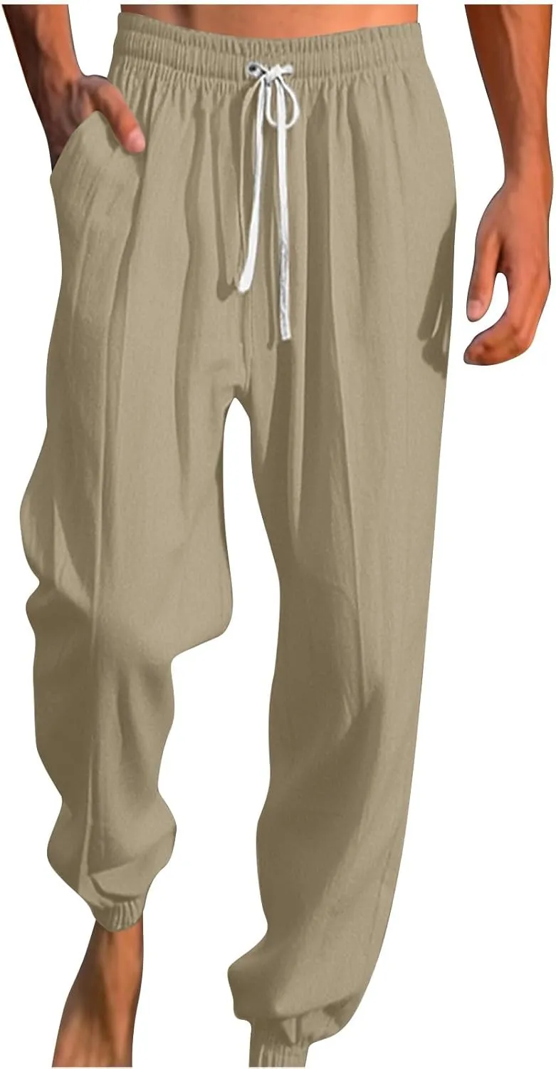 Mens Linen Yoga Pants Classic Elastic Waist Drawstring Summer Pleated Beach Pants Loose Fit Casual Tapered Trousers