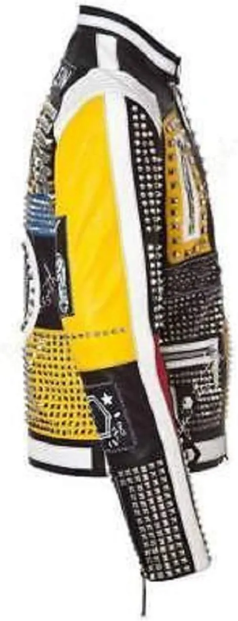 Men's Multicolor Diamond Studded Brando Retro Motorcycle Rock Punk Biker Genuine Leather Jacket