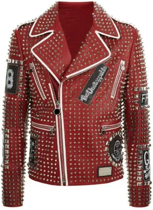 Men's Multicolor Diamond Studded Brando Retro Motorcycle Rock Punk Biker Genuine Leather Jacket