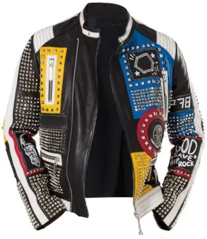 Men's Multicolor Diamond Studded Brando Retro Motorcycle Rock Punk Biker Genuine Leather Jacket
