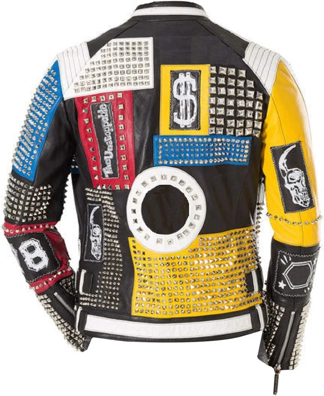 Men's Multicolor Diamond Studded Brando Retro Motorcycle Rock Punk Biker Genuine Leather Jacket
