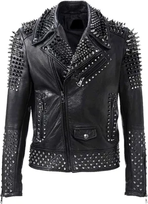 Men's Multicolor Diamond Studded Brando Retro Motorcycle Rock Punk Biker Genuine Leather Jacket