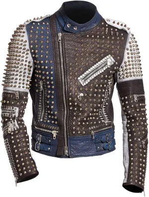 Men's Multicolor Diamond Studded Brando Retro Motorcycle Rock Punk Biker Genuine Leather Jacket