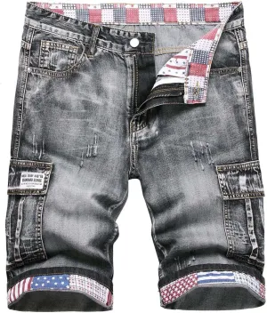 Mens Ripped Denim Shorts,Men's Cargo Denim Shorts Stretch Half Pants Short Jeans Workwear Jean Cropped Trousers