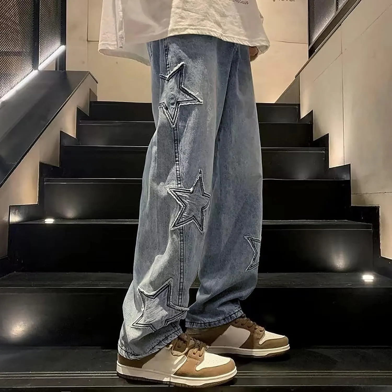 Mens Star Graphic Y2K Baggy Jeans Relaxed Fit Casual Hip Hop Wide Leg Trousers Fashion Loose Denim Pants Streetwear