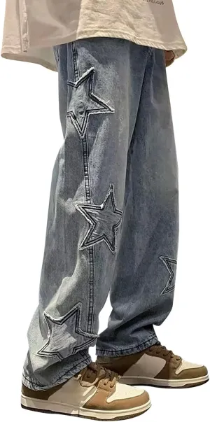 Mens Star Graphic Y2K Baggy Jeans Relaxed Fit Casual Hip Hop Wide Leg Trousers Fashion Loose Denim Pants Streetwear