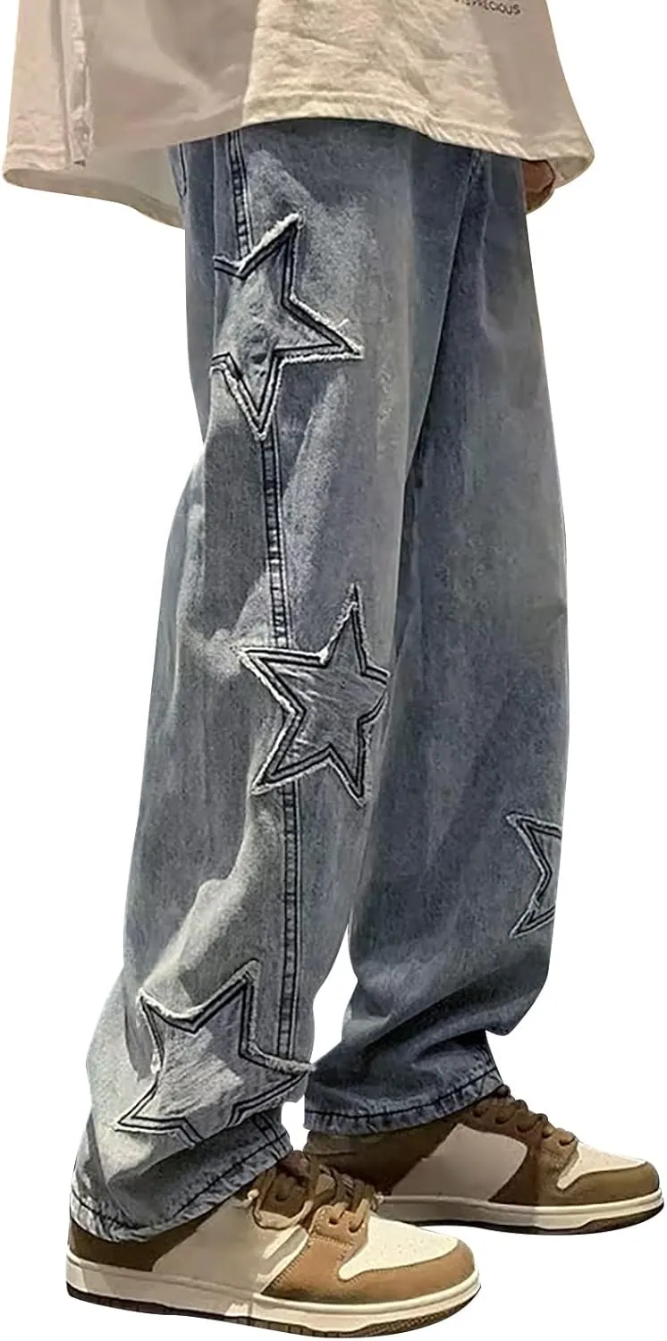 Mens Star Graphic Y2K Baggy Jeans Relaxed Fit Casual Hip Hop Wide Leg Trousers Fashion Loose Denim Pants Streetwear