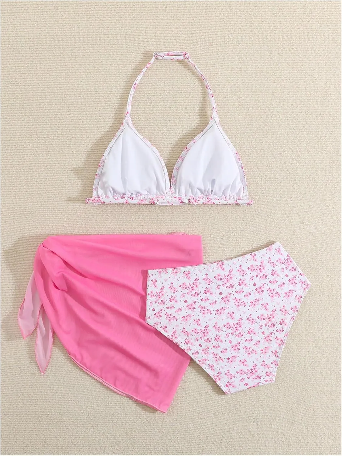 Milumia Girl's 3 Piece Bikni Set Ditsy Floral Halter Swimsuit with Cover Up Skirts