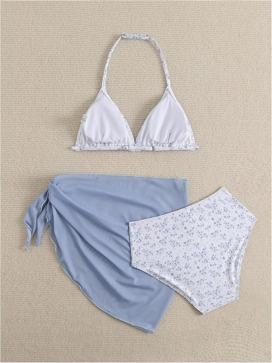 Milumia Girl's 3 Piece Bikni Set Ditsy Floral Halter Swimsuit with Cover Up Skirts