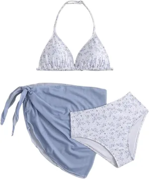 Milumia Girl's 3 Piece Bikni Set Ditsy Floral Halter Swimsuit with Cover Up Skirts