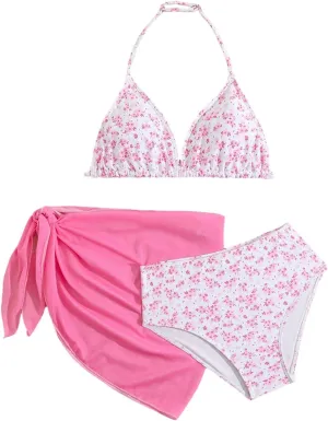 Milumia Girl's 3 Piece Bikni Set Ditsy Floral Halter Swimsuit with Cover Up Skirts