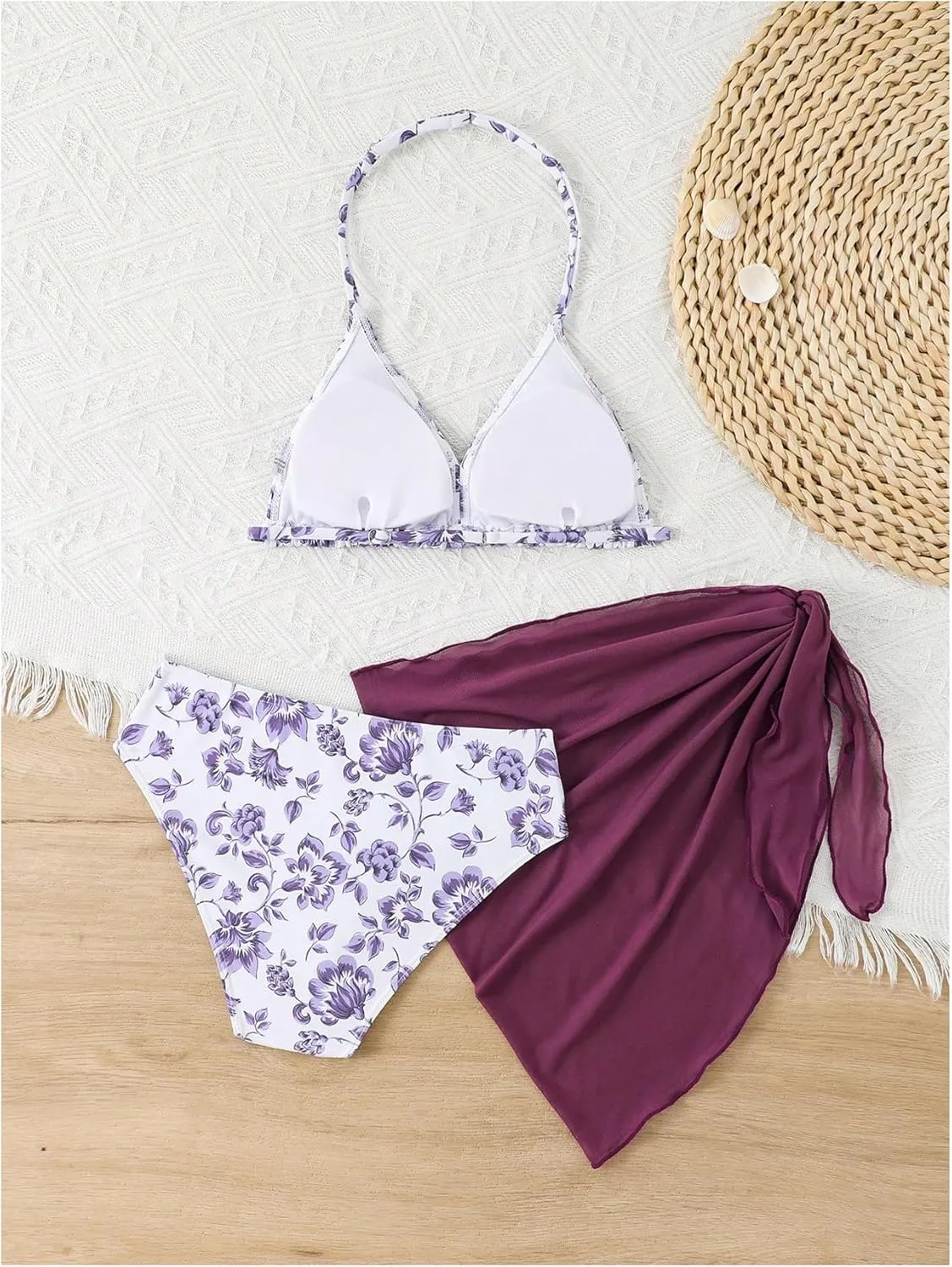 Milumia Girl's 3 Piece Bikni Set Ditsy Floral Halter Swimsuit with Cover Up Skirts