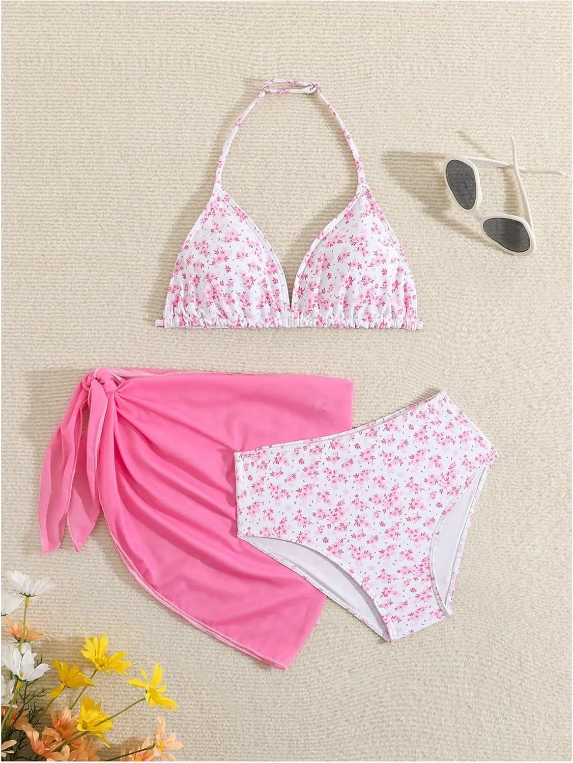 Milumia Girl's 3 Piece Bikni Set Ditsy Floral Halter Swimsuit with Cover Up Skirts