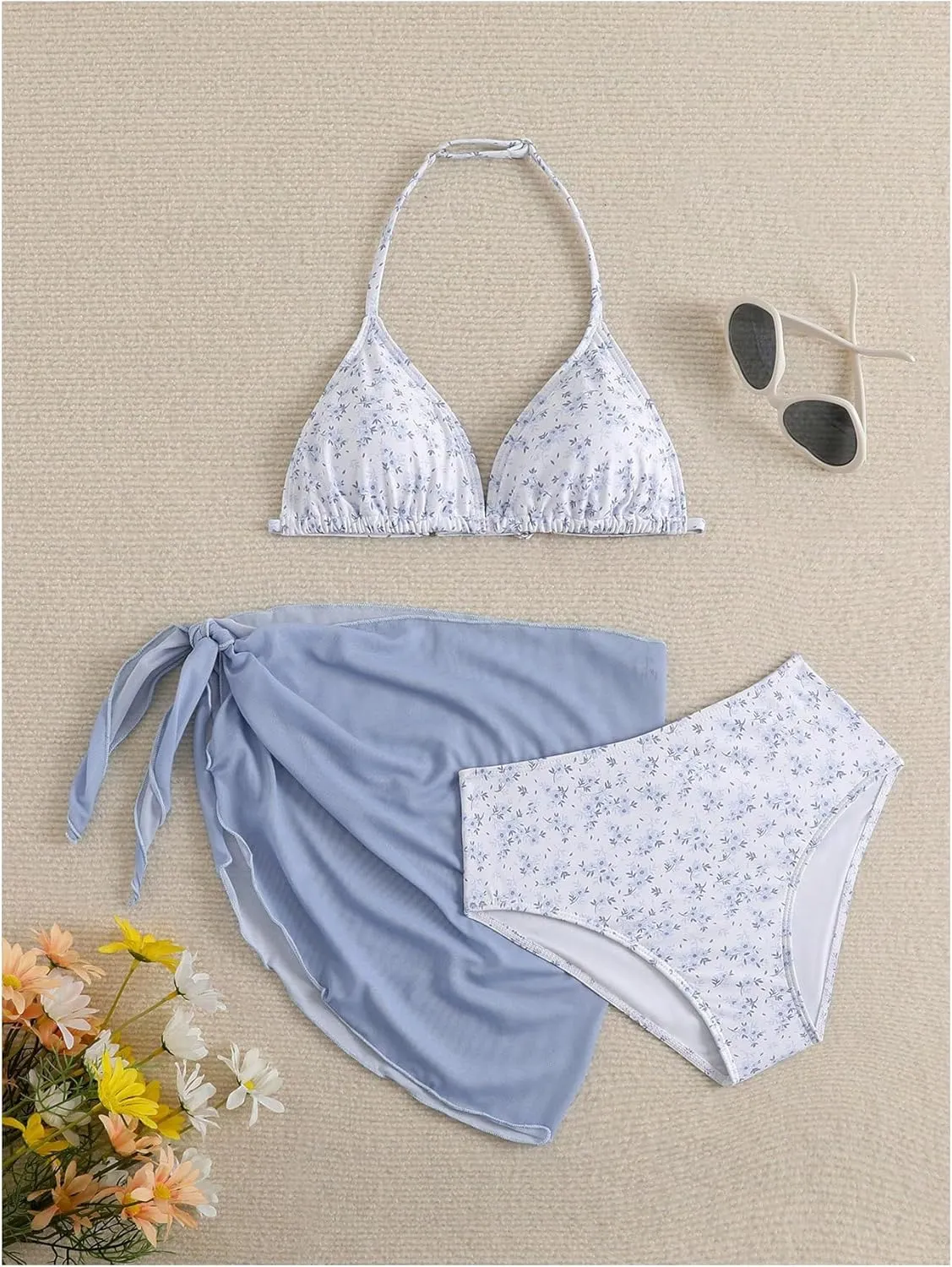 Milumia Girl's 3 Piece Bikni Set Ditsy Floral Halter Swimsuit with Cover Up Skirts