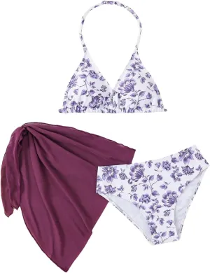 Milumia Girl's 3 Piece Bikni Set Ditsy Floral Halter Swimsuit with Cover Up Skirts